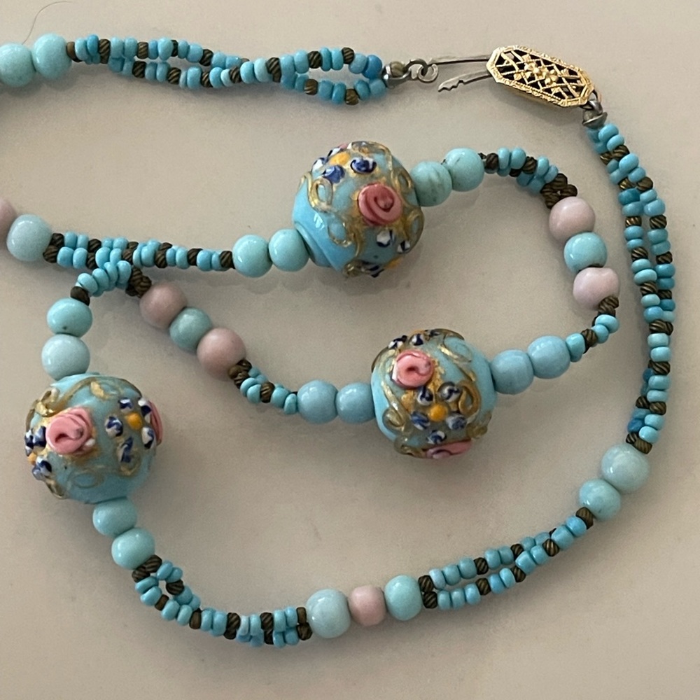 Vintage Glass Beaded Wedding Cake with Filigree clasp Blue Pink